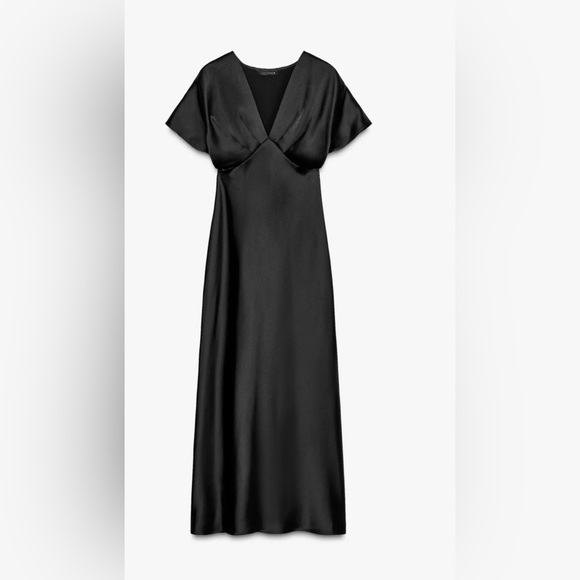 Zara Black Silky Dress Short Sleeve Maxi Asimetric Size M Chest Open And Skirt - Picture 1 of 16